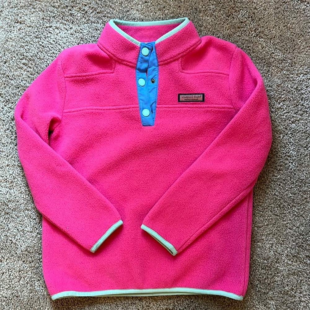 Fleece pullover. Pink with royal blue and turquoise trim.